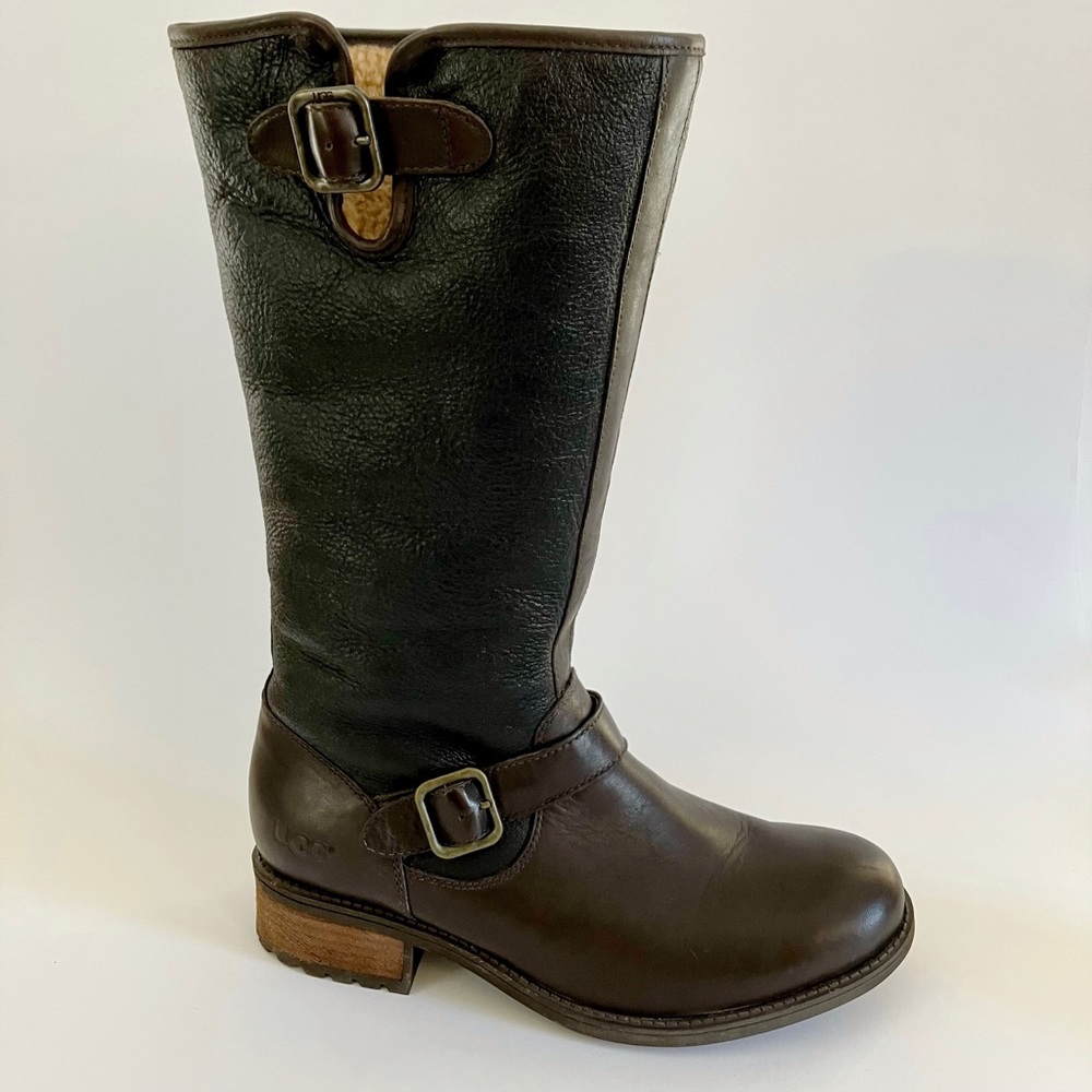 UGG® Chancery Bomber Brown Leather Boot Tall Shearling Mid-Calf Boot Size 9 NEW